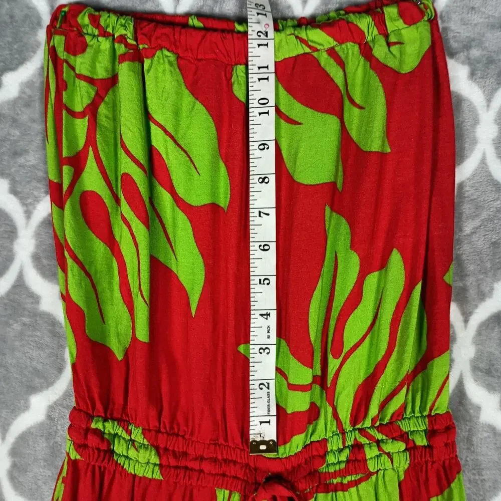 Hula Bay Jumpsuit Womens Medium Red Green Strapless Wide Leg Tropical Leaf Tiki - Picture 12 of 16